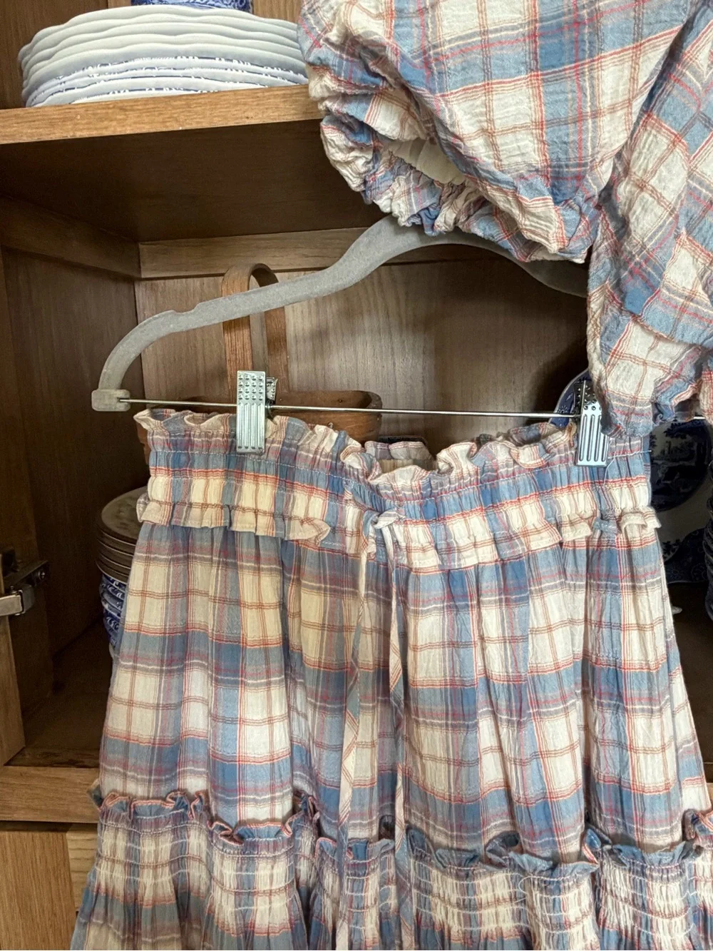 Plaid Puff-Sleeve shirt and skirt in Soft Blue and Cream